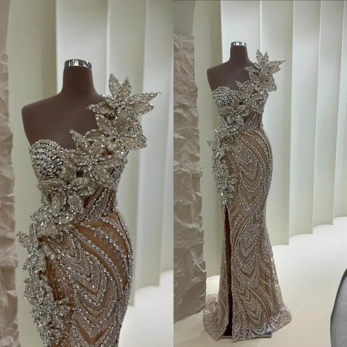 Sexy Arabic Strapless Evening Dress Customized Mermaid Crystals 3D Flower Long Prom Dresses Robe Split Side Beads Party Gowns