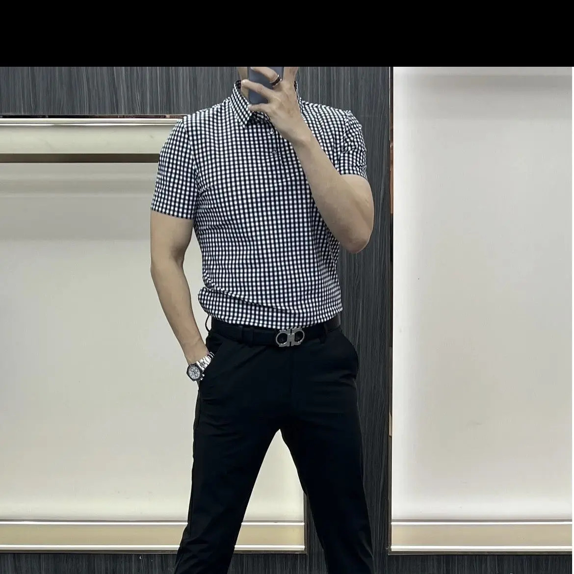 summer mens checkered flat bottomed polo shirt breathable and comfortable short sleeved 250326