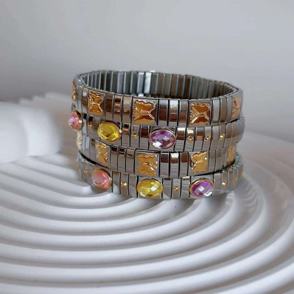 Ins Designer bracelet Sweet and cool niche non fading relief butterfly colored diamond moissanite geometric stainless steel elastic Luxurious jewelry 