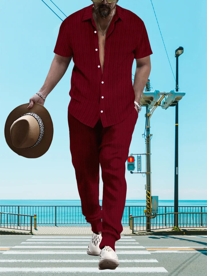 Ultra thin and lightweight summer mens casual loose short sleevedTrousers beach set solid color lapel 250326