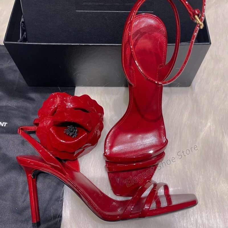 Red Rose High Heels Women's Sandals Square Toe Ankle Strap 9CM Stiletto Sexy Patent Leather Sgback Summer Party Banquet Shoes