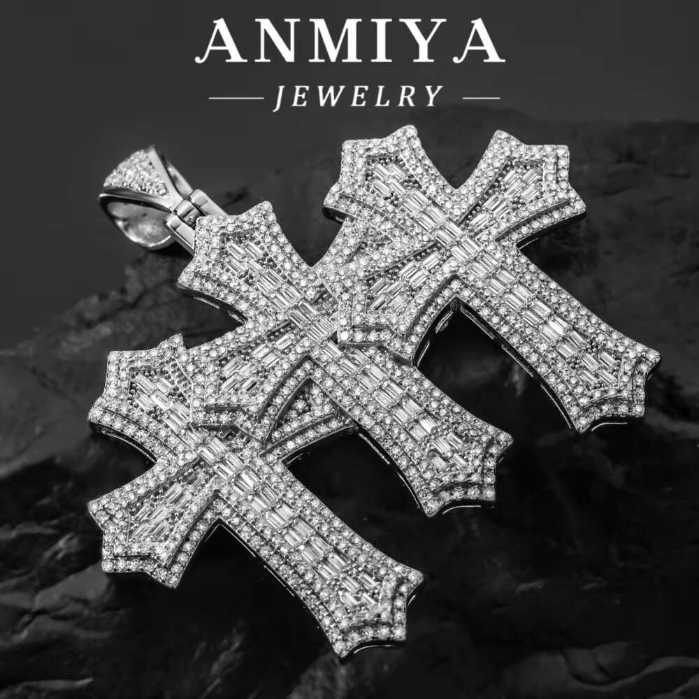 ANMIYA Custom Hip Hop Jewelry 925 Sterling Silver Solid Diamond Mens Moissanite Cross Pendant