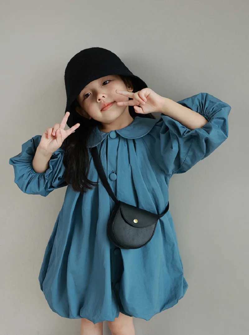 Summer casual baby and girl cotton loose pure blue puff sleeves single chest flower bud dress childrens cute clothing 2-8 years W250326