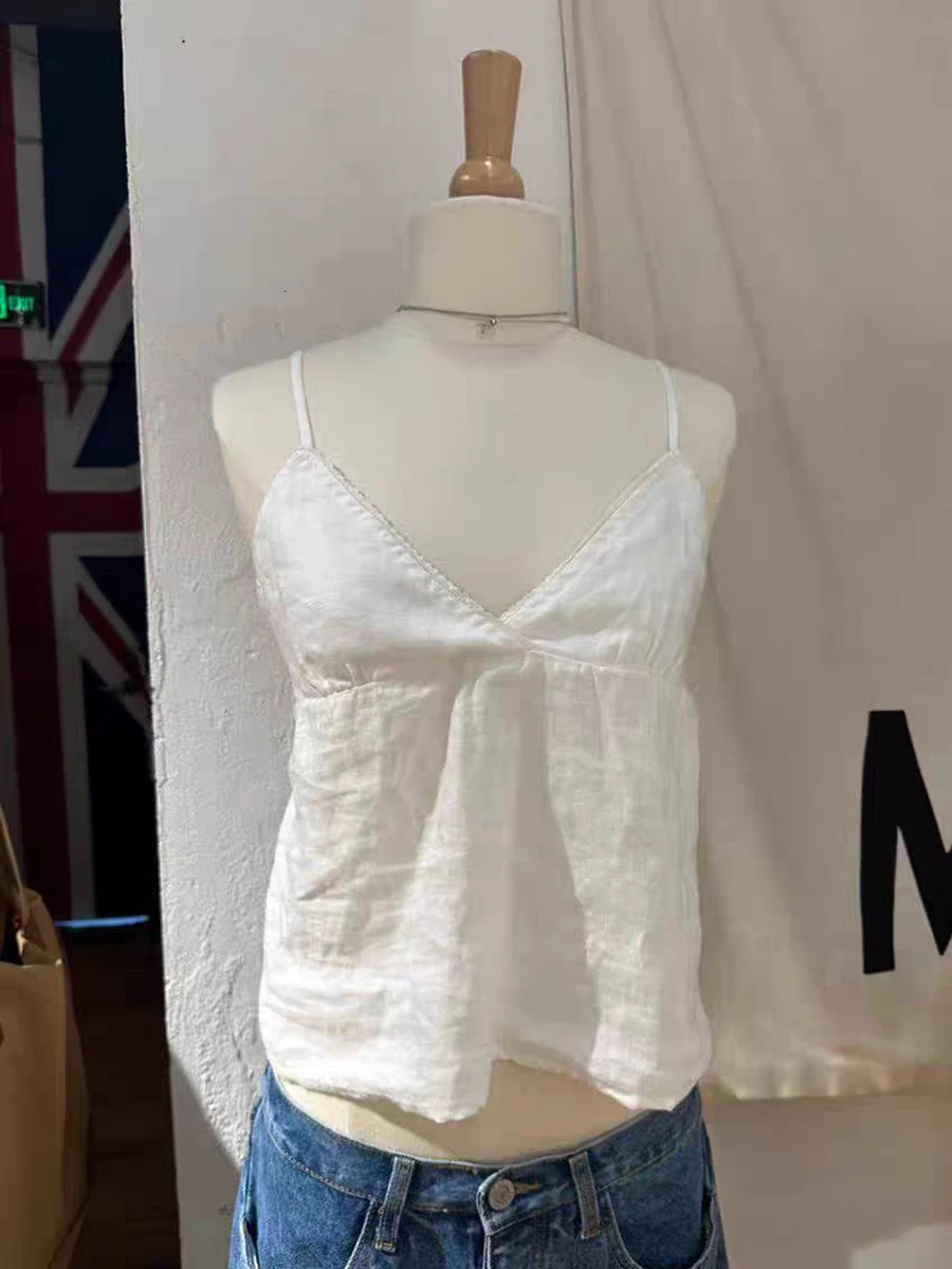 Lace Trim Linen Sweet Crop Top Woman Summer Sleeveless V-neck Back Lace-up Solid Vest Solid Simple Y2k Tank Tops Casual Camisole 250321