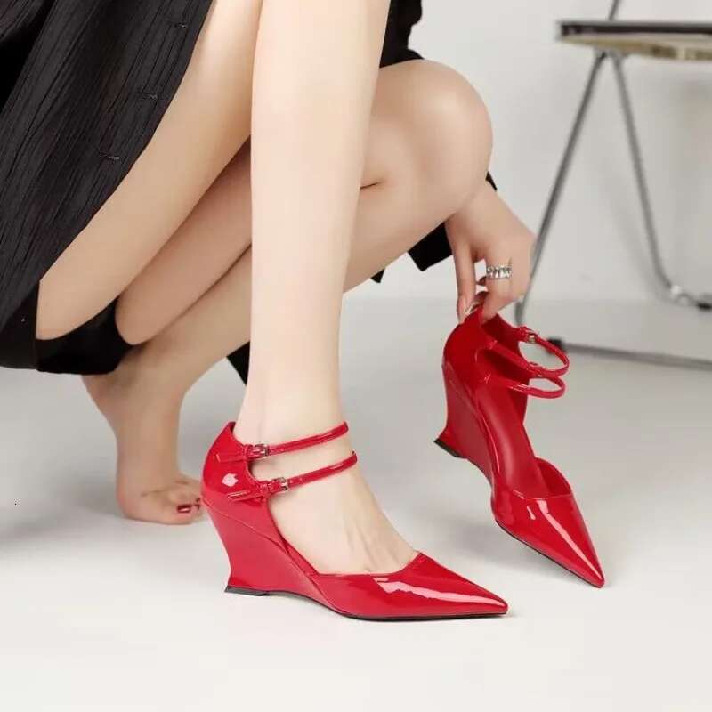 Red Pointed Sandals with Wedge Women's Summer New Leather High Heeled Elegant Shoes for Women 2024