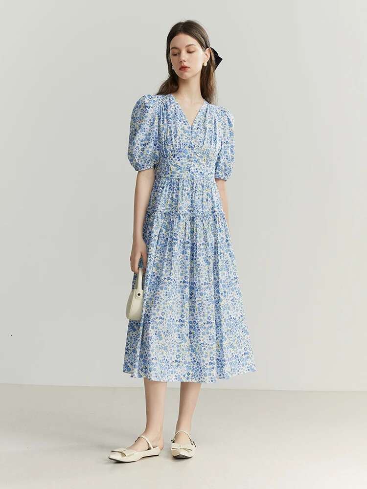 FSLE Blue Romantic ral Dress Women Elegant Vintage High Waist V-neck Puff Sleeve Summer Printing Female Cotton Long Skirts