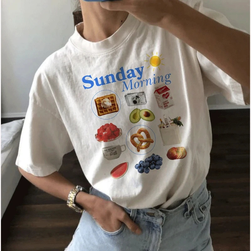 Korean T-shirt womens fig fruit graphic shirt retro TShirt graphic summer high-quality cotton Ropa unprinted good product 250321