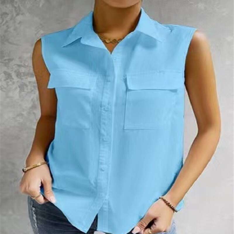 2023 Summer Cotton and Hemp Wind Sleeveless Collar Women's Double Pocket Shirt