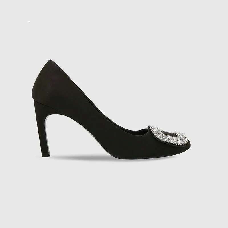 2025 Satin Pumps Slim Heel For Women Buckle Rhie Heels Red Wedding Round Head Professional Work Shoes