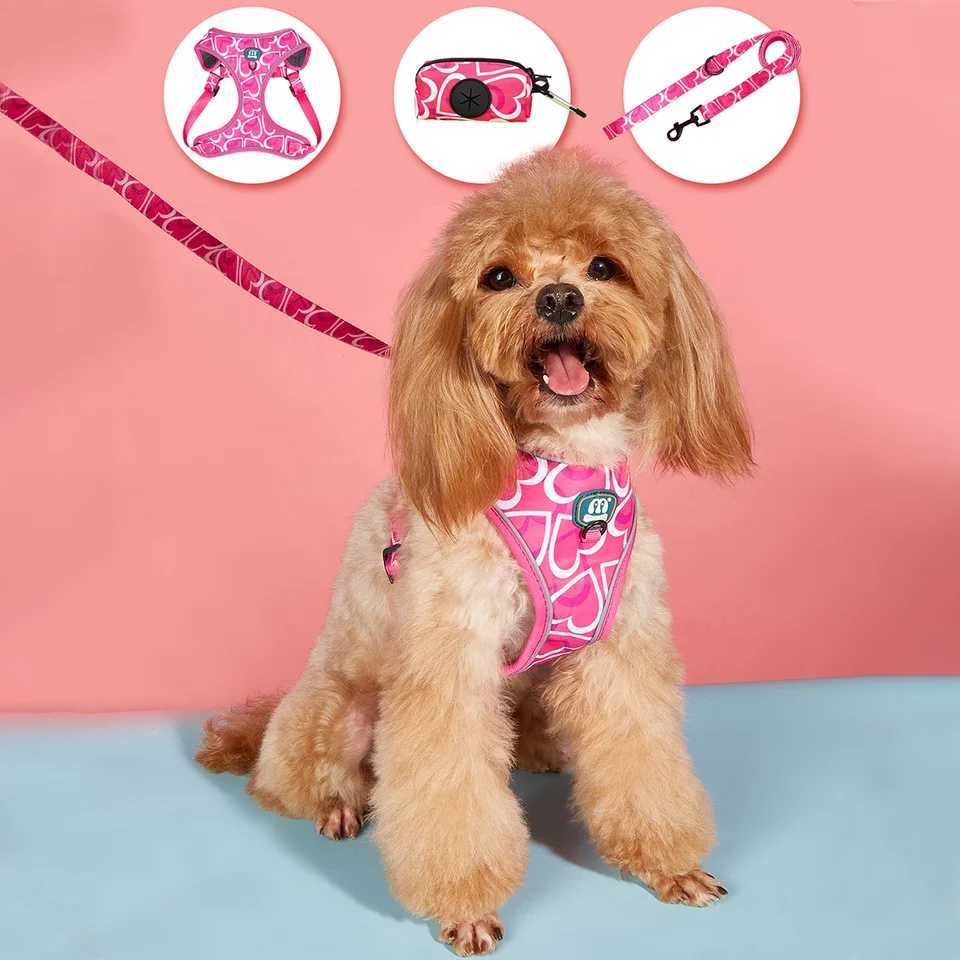 3 pieces/set Love Heart Print high-quality adjustable rose red colored pet dog harness and belt poop bag holder set X250326
