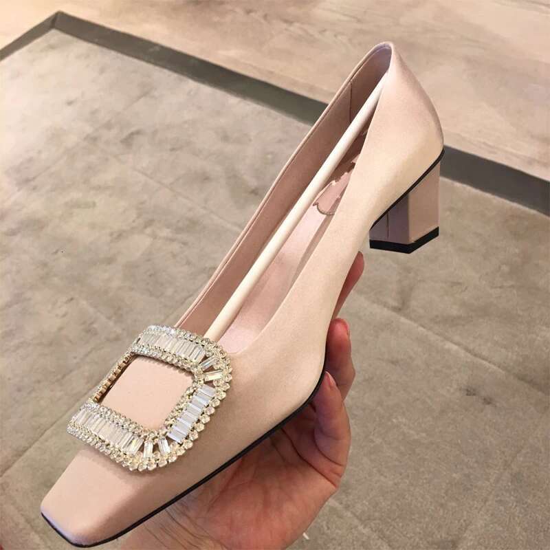 Dia buckle thick single square toe satin shallow cut shoe high heeled female wedding shoes