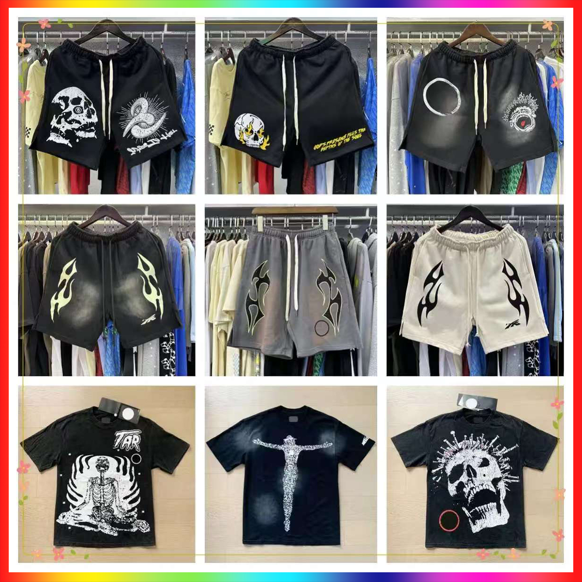 5A Designer Mens shorts graffiti letter graphic print t shirt tee high street vintage hip hop star hellshorts summer womens loose casual washed essentialsa shorts