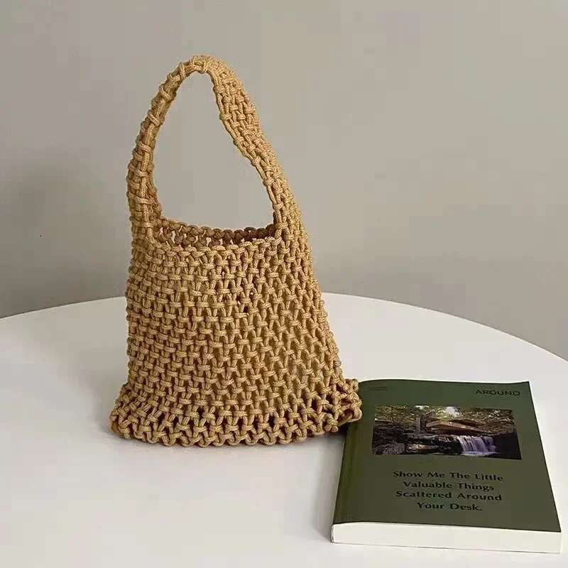 Summer Hand Woven Tote Bags Crochet Beach Shoulder Hollow Out Handbag Ladies Knitting Straw Rope Underarm Bag
