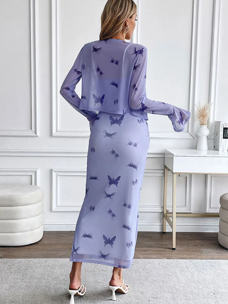 Sling Women Dresses Spring Long Sleeves Shawl Sexy Two Piece Fashion Casual Slim Lady Print Elegant Knitted Clothing 250318