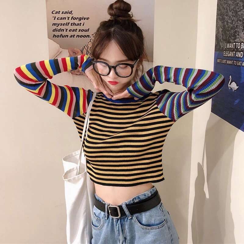 Ddmyshoesvip Striped Knitted Autumn Women Student Wind Casual Wild Slim Short T Shirt Female Crop Tops Long Sleeve T Shirts