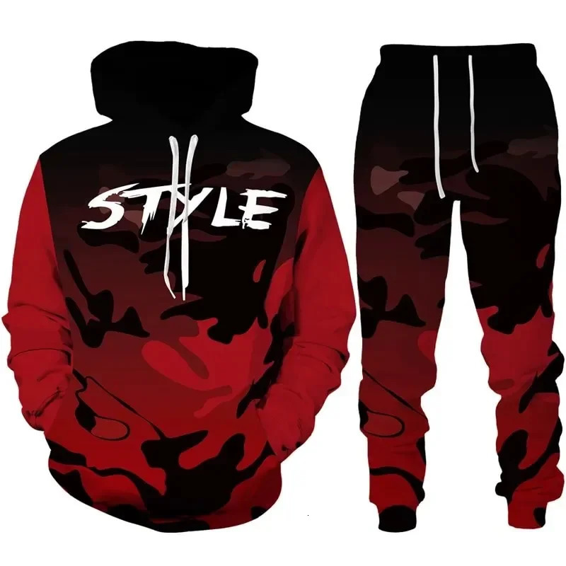 Camouflage hooded sweatshirt 3D printed sportswear set mens sweatshirtpants 2piece outdoor fitness casual 250326