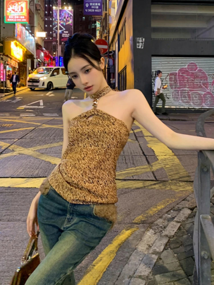 Y2k Aesthetic Hollow Leopard Pattern Sexy Vest for Womens Street Clothing No Back Bandage Vest Harajuku Halter Ultra Thin Suitable for Retro Top 25032