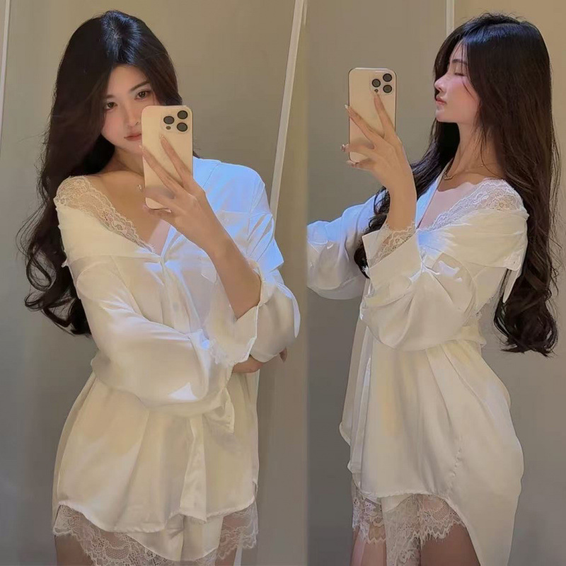 S205 Sexy lace shirt new nightdress ice silk long-sleeved pajamas