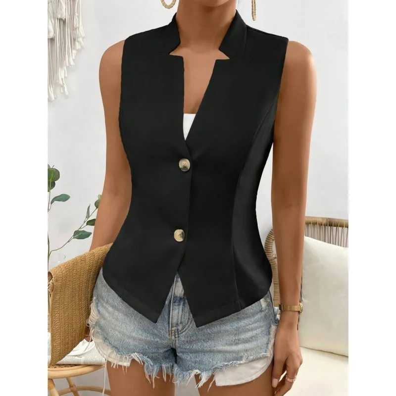 Womens solid V-neck ultra-thin vest single chest European style commuting elegant womens fashion jacket for spring and summer M250326