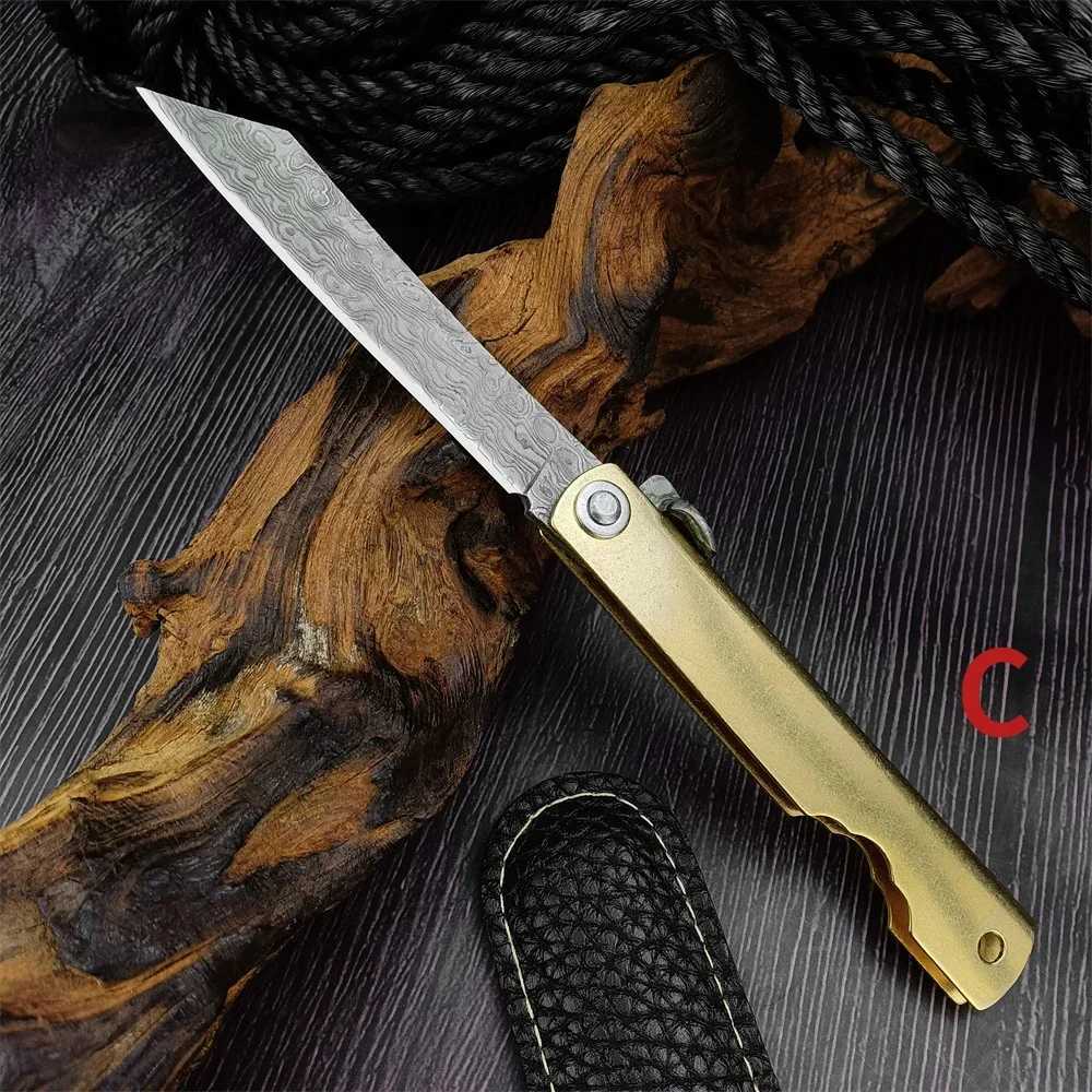 Japanese Higonokami Pocket Folding Knife Damascus Steel Copper Handle Outdoor Camping Survival Knife Tactical Hunting EDC ToolXJ250326
