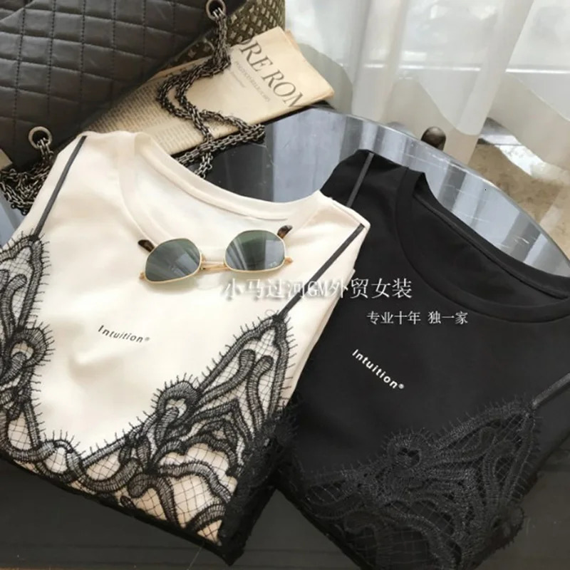 Summer Short Sleeve T-shirt Women Lace Sling Stitching Two-piece Tshirt Loose Round Neck Chic T-shirt 250321