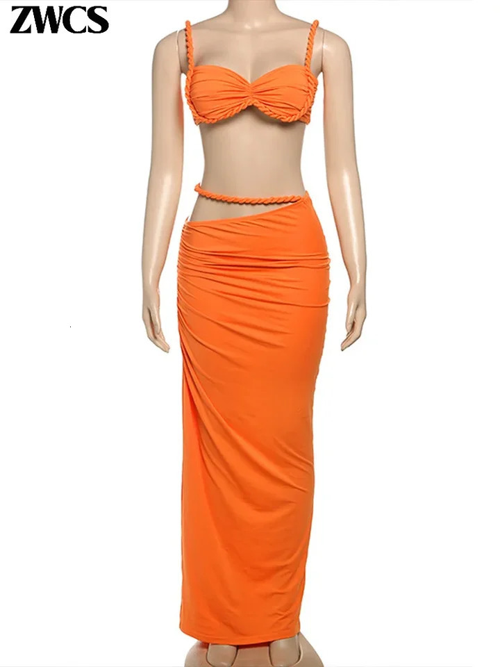 Sexy Hollow Outer Skirt Set for Women Solid Twisted Sleeveless Top Hip Pack Wrinkled Long Skirt Womens Fashion Set 250321