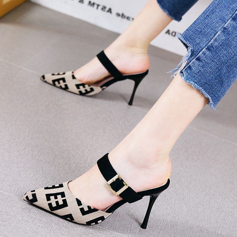 2025 Summer New Fashion Internet Celebrity OL Pointed Outerwear Cool Dragging Slippers Versatile Baotou Thin Heels Half Dragged Women