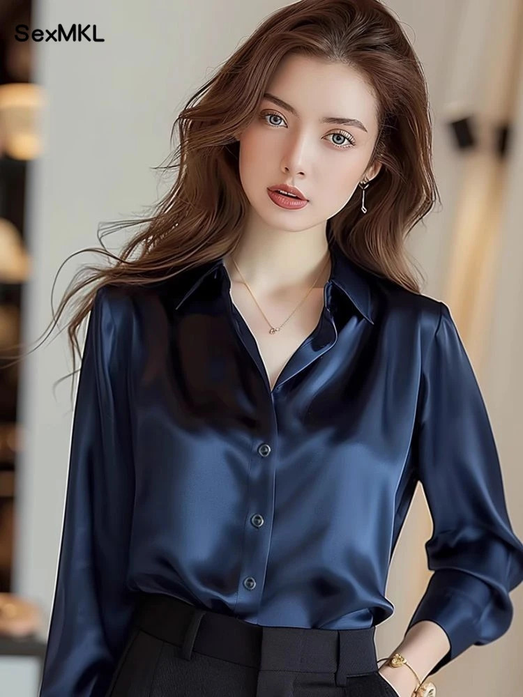 Elegant Silk Office Shirts Women Korean Fashion Y2k Clothes Slim Long Sleeve White Black Blusas Mujer Workwear Tops and Blouses 250325