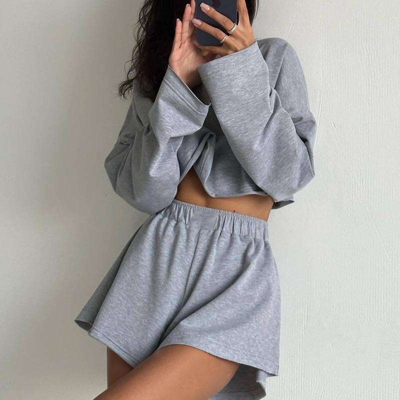 Casual loose sports suit women's long sleeved sweatshirt top shorts two-piece set solid color home clothes women