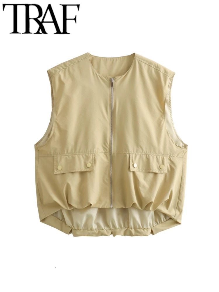 TRAF GAL Spring Fashion 5 Color High Low Pleated Hem Vest O Neck Sleeveless Oversized Zipper Waistcoat Female Crop Top Y2K 250320