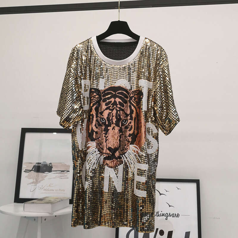 Trendy plus loose tiger head sequin embroidered T-shirt with round neck pullover, mid length top, women's clothing