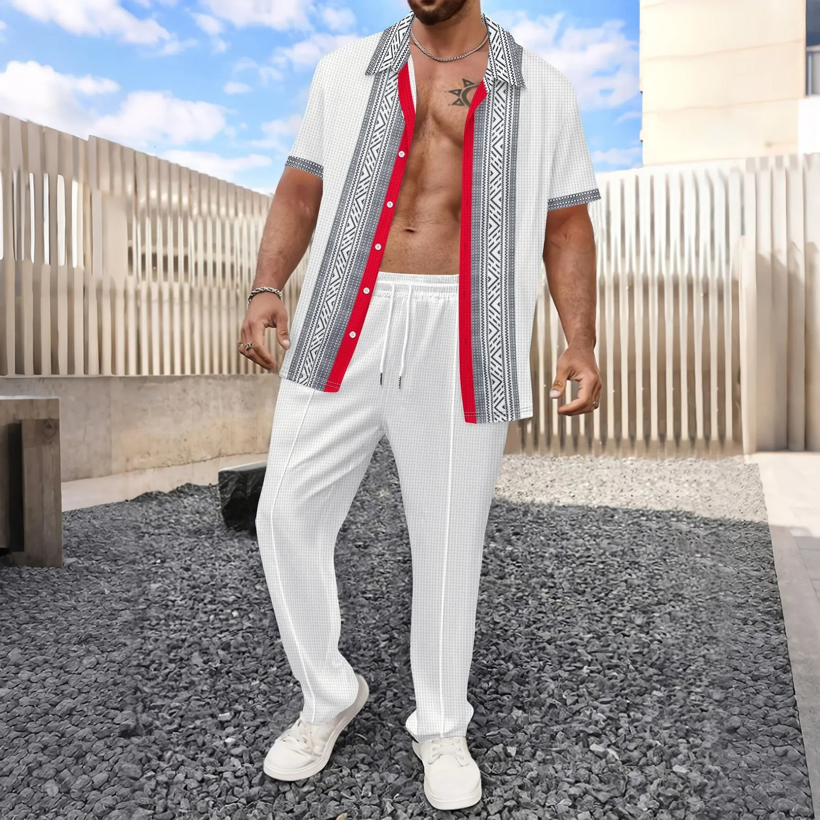 crossborder mens casual European and American waffle shirt short sleeved twopiece Trouser set sportswear for summer 2025 250326