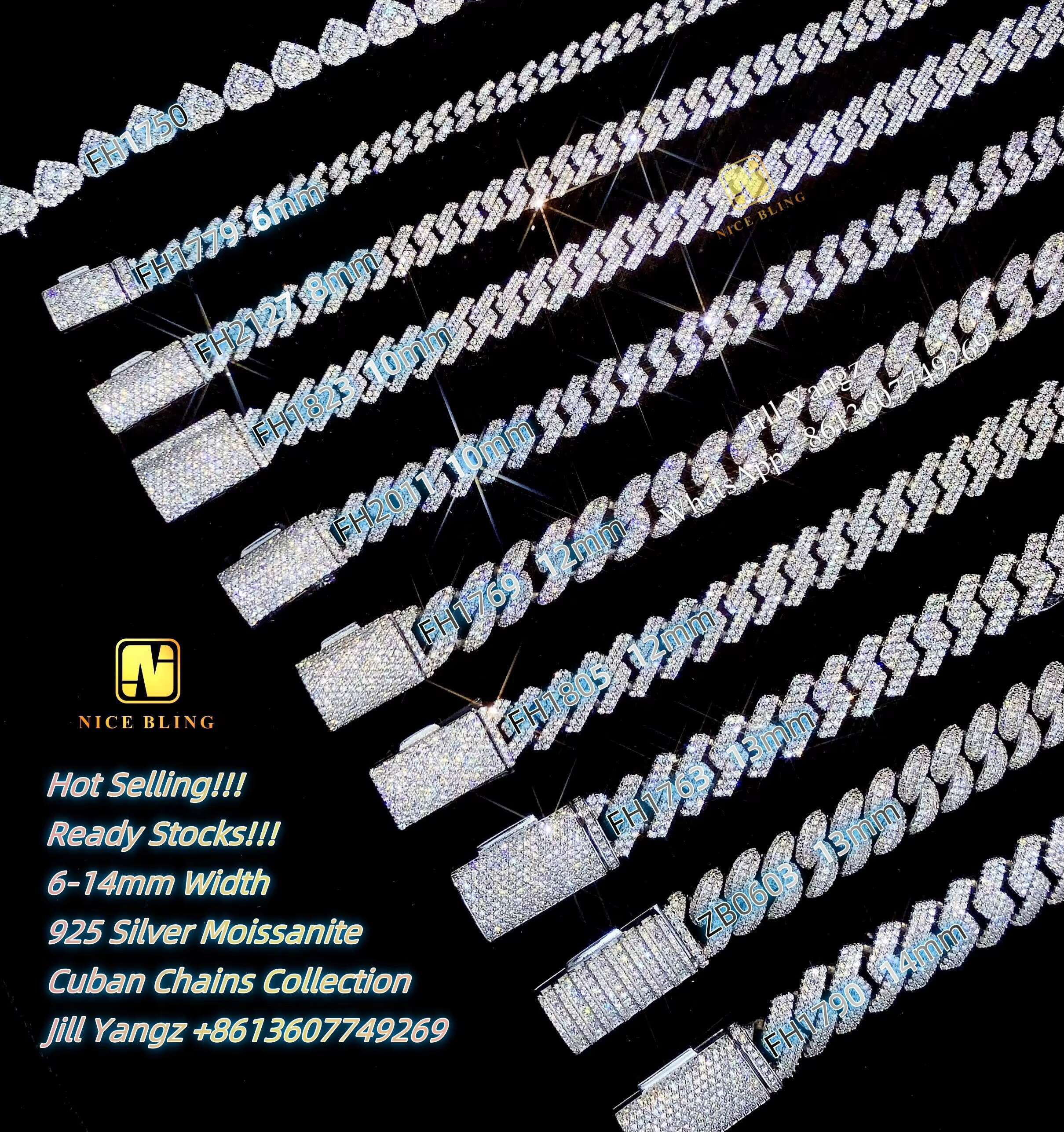 Ready Stocks 12mm Moissanite Cuban Bracelet Soldier Chain 18k Gold Plated Necklace Silver Cuban Link Chain Monaco Chain
