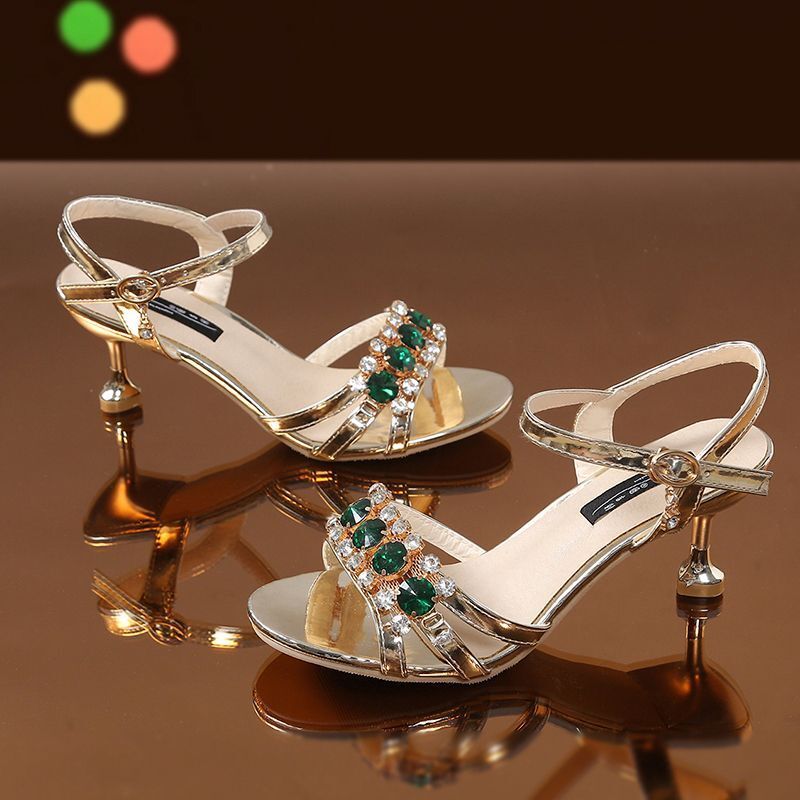 PLOVER High Heel Sandals for Women 2025 Summer New Popular Style One Word Belt Open Toe High end Middle Heel Water Diamond High Heels