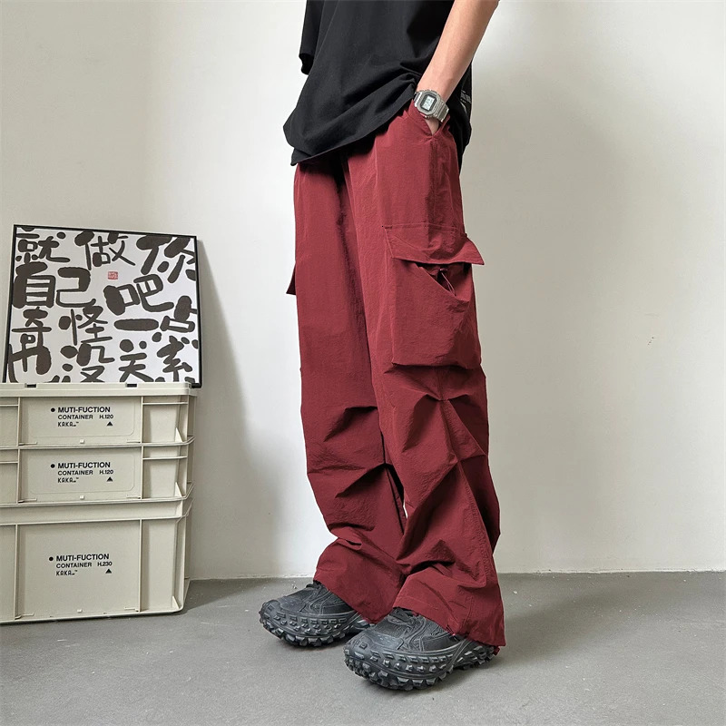 Summer thin pants mens fashion pocket cargo pants mens Japanese streetwear hip-hop loose straight pants mens oversized mens pants 250324