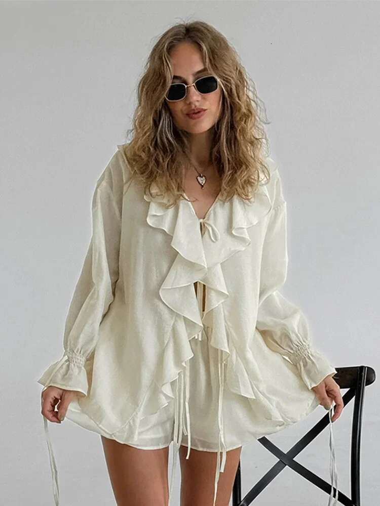 Elegant Ruffled Collar Lace Up Women Shirt Set Chic High Waist Short Female Pant Sets New Casual O Neck Solid Lady Top Suit