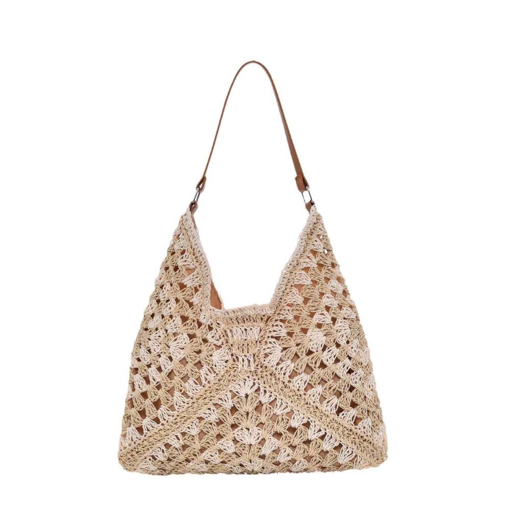 f5 Handmade straw hollow square flower large triangle contrasting woven shoulder bag