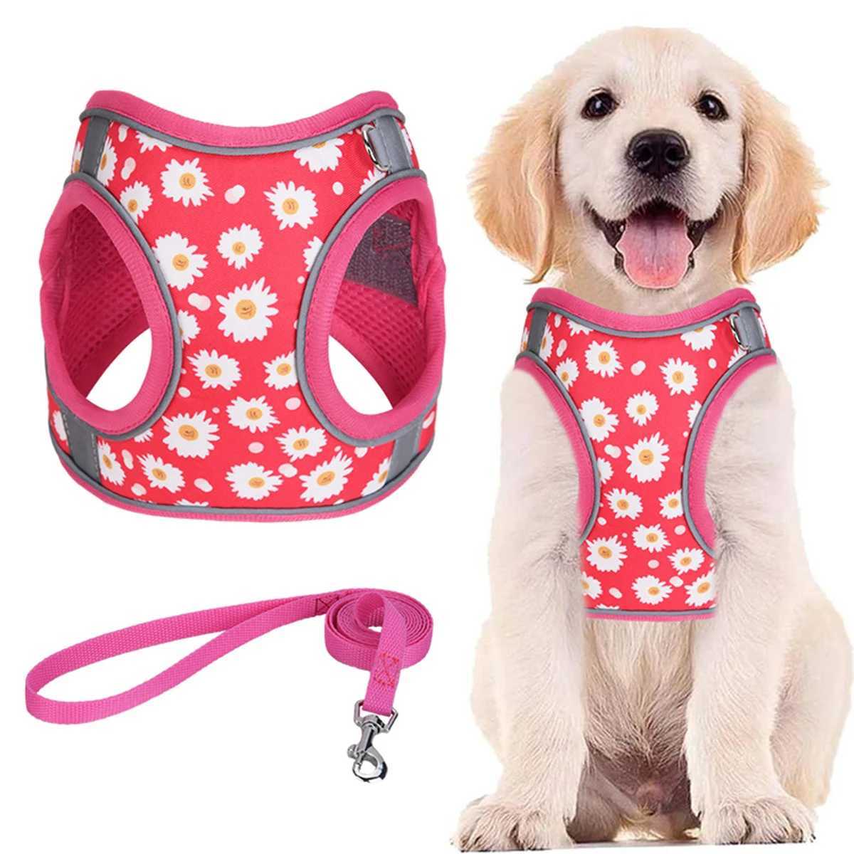 HP404- Floral printed pet dog and cat harness comfortable twill fabric and breathable mesh substrate 1.5-meter dog leash. X250326