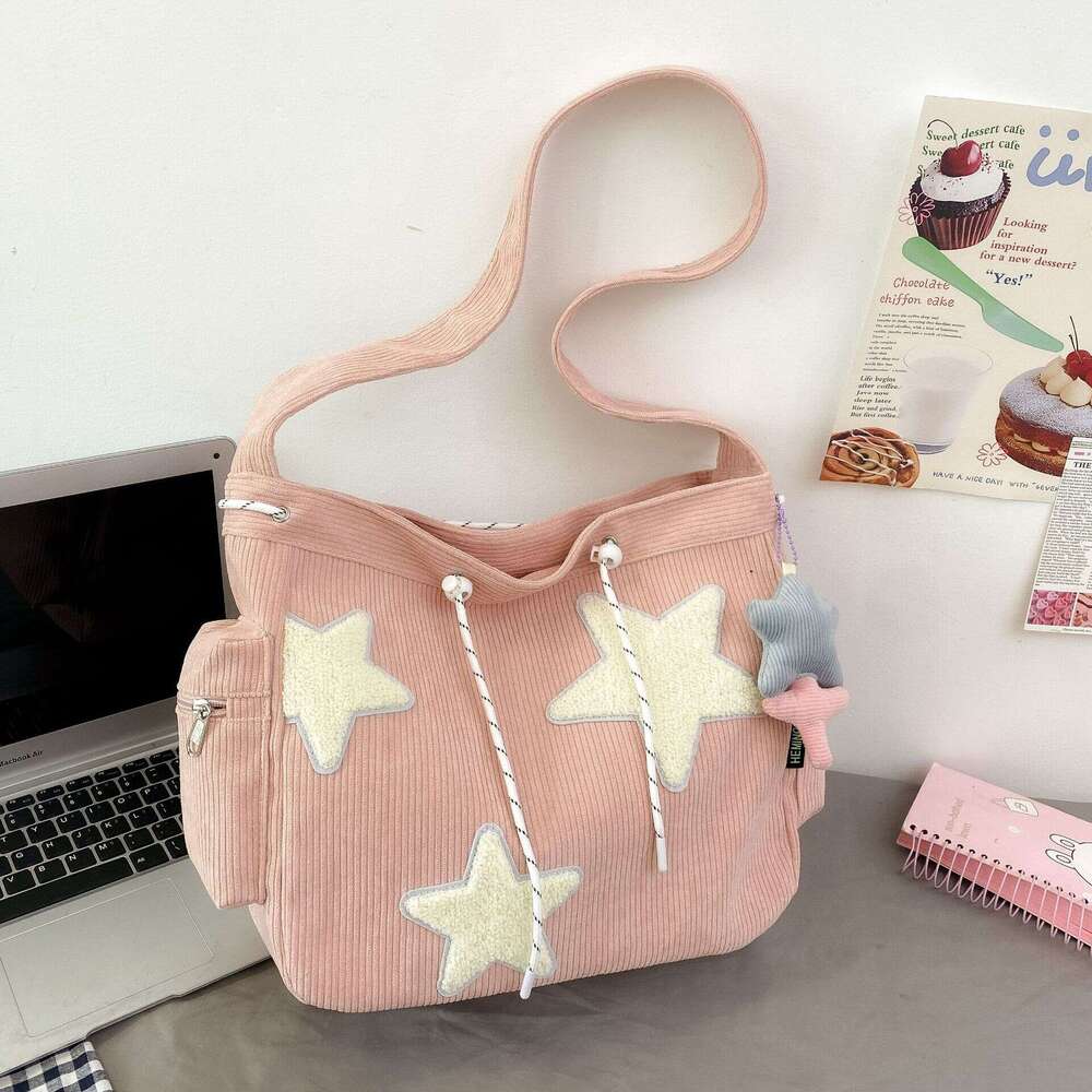 c8 Large capacity corduroy for women's one shoulder ins fashionable and versatile five pointed star crossbody cute student tote bag