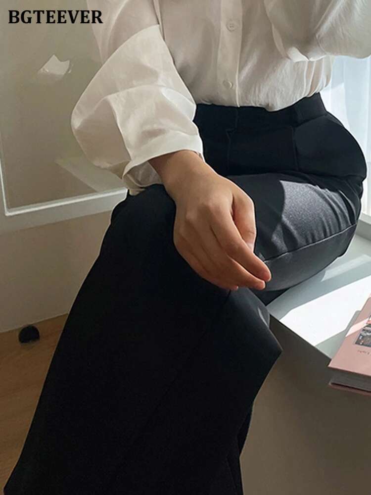 BGTEEVER Elegant High Waist Pockets Wide Leg Suit Pants Women Spring Autumn Loose Solid Straight Trousers Female
