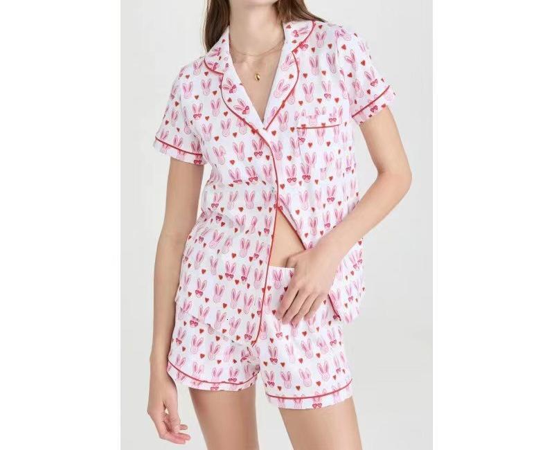 Spring and summer new short sleeved suit style casual printed cardigan women's home wear2025