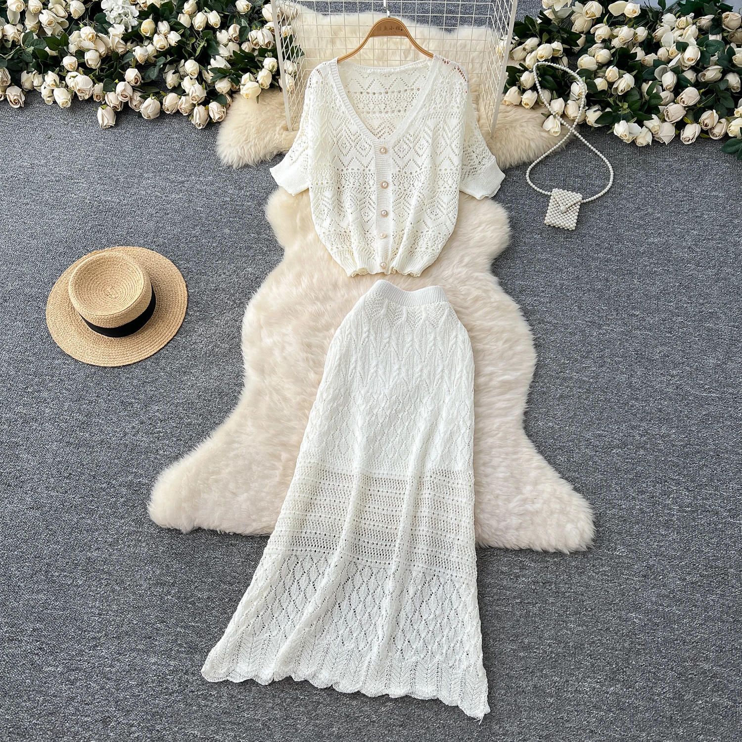 Two piece set Hook flower hollow Knit lool sleeve Dress Fashion Vestidos Slim Party Summer sweet Dresses 250324