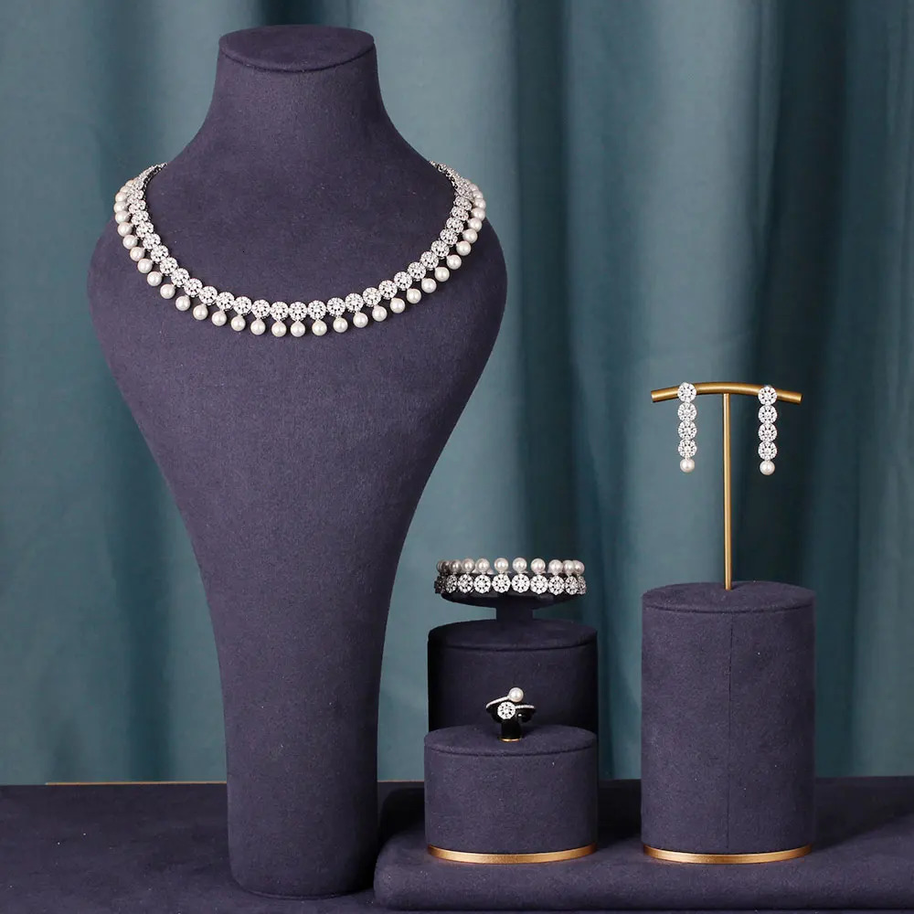 Trendy Pearl Tassel 40cm Necklace Earring 4PCS Jewelry Set For Women Wedding Party Full Zircon Dubai Bridal Jewelry Set Gift 250318
