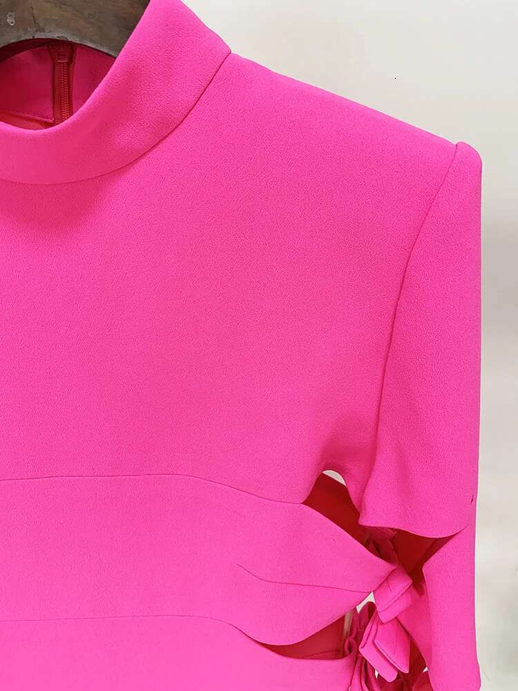 HIGH STREET Newest 2024 Designer Fashion Stylish Women's Long Sleeve Sexy Hollow Out Bow Dress Hot Pink