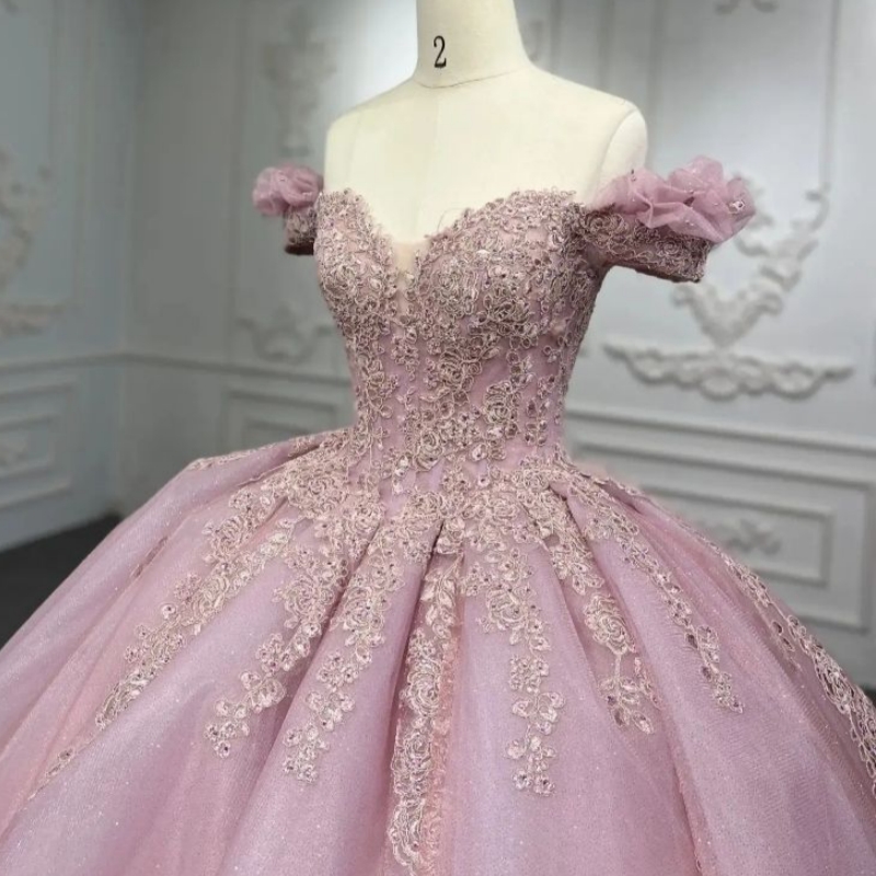 Glittering Pink Sweetheart Quinceanera Dress Off The Shoulder Party Party Dress Lace Applique Beads Sweet 16 Princess Vestidos De 15 Anos