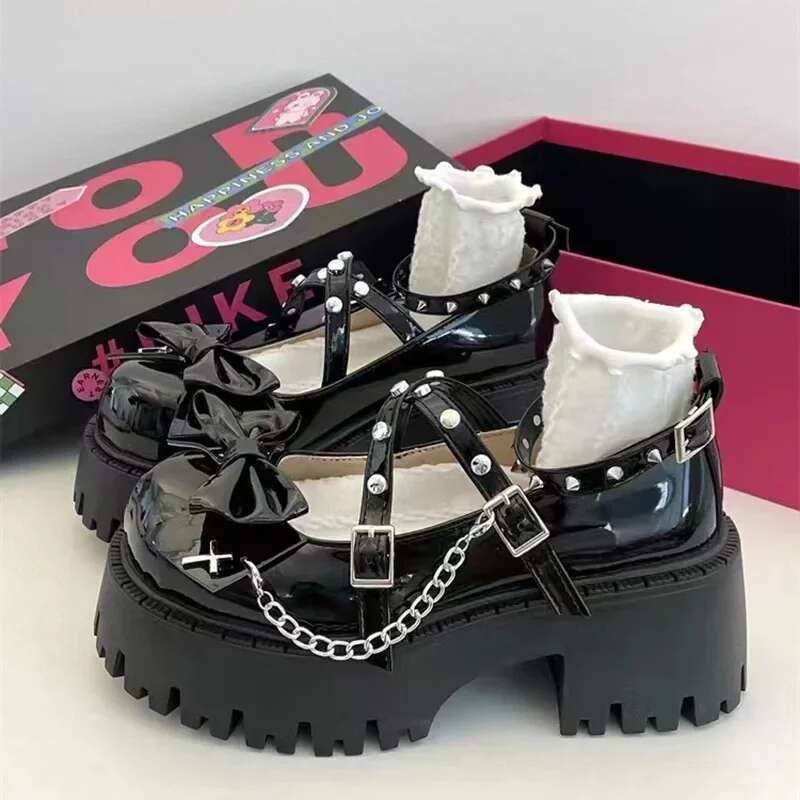 2025 Summer New Women's Shoes Ankle Strap Women's Designer Fashion High Heels Leather Bow Gothic Thick Heel