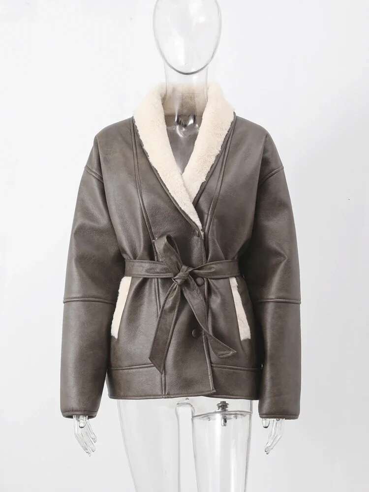 Winter Thick Plush Leather Jackets Women Office Single Breasted Turn-Down Collar Overiszed Coat Female Long Sleeve Overcoat Tops