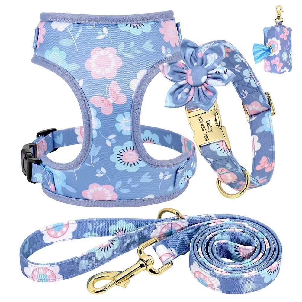 3/4 personalized dog collars harnesses treatment bags floral pets carved collars breathable harnesses suitable for small and large dogs X250326