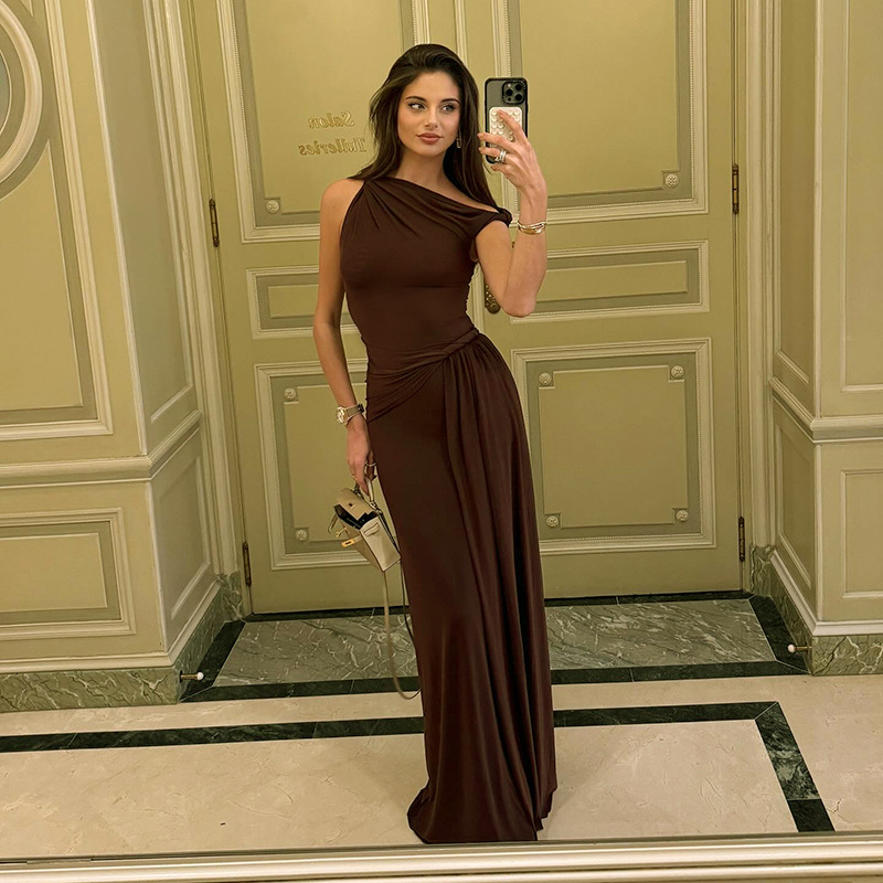 2025S Fashion Designer Y DS Women S Autumn Winter Slant Neck Off Shoulder Twisted Waist Irregular Pleated Sexy Dress