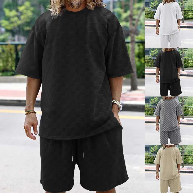 2024 new summer towel plain weave mens collar short sleeved top and shorts fashionable and casual oversized mens short sleeved setXJ250326